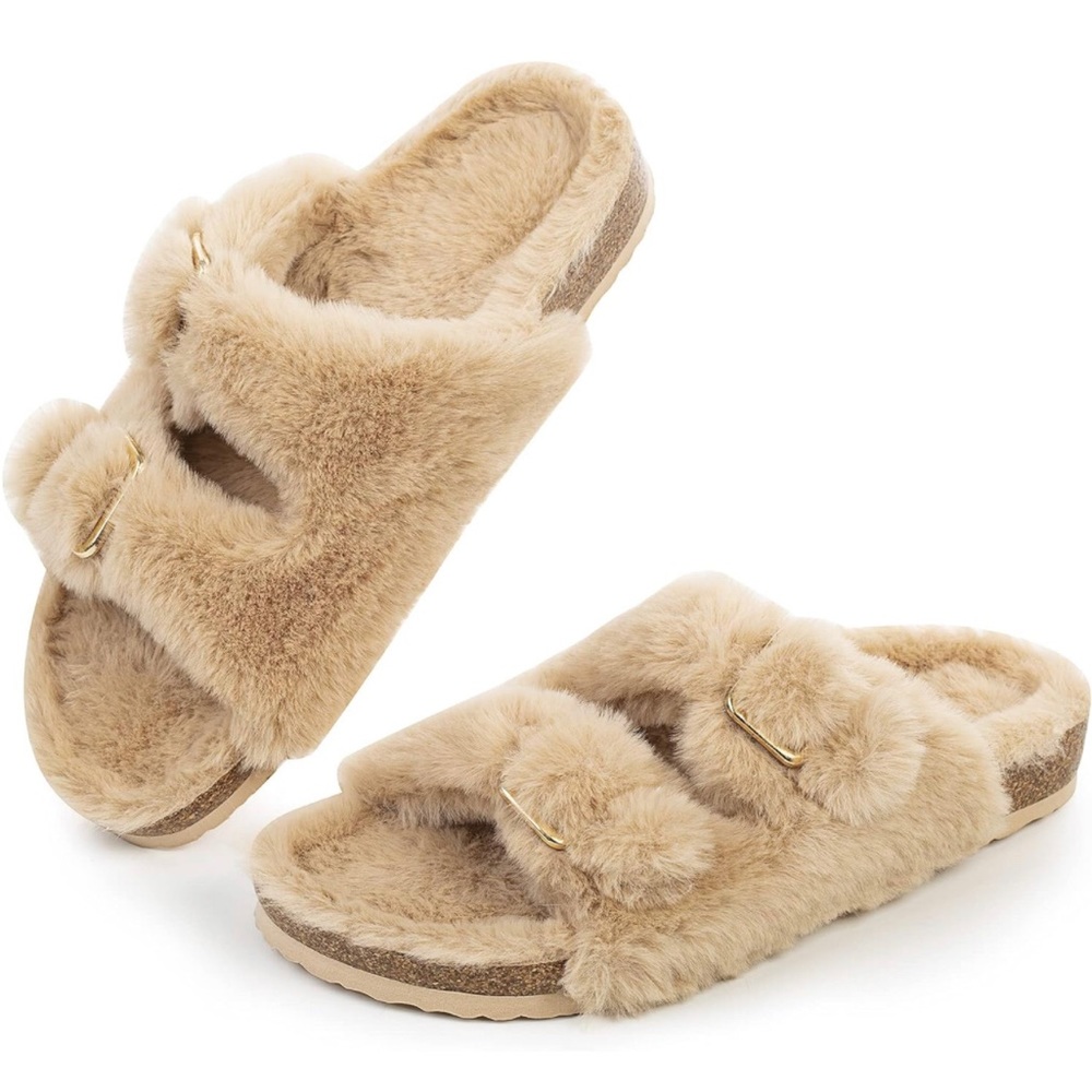 Fuzzy pink slipper cork sandal